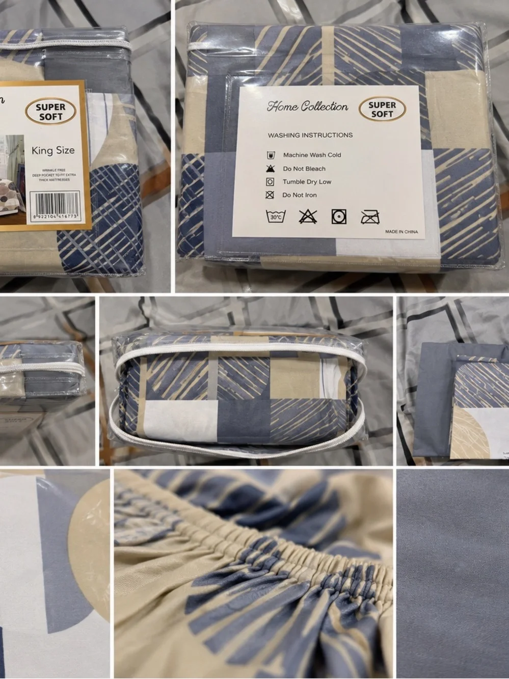 Home Collection Blue & Beige Geometric King Sheet Set